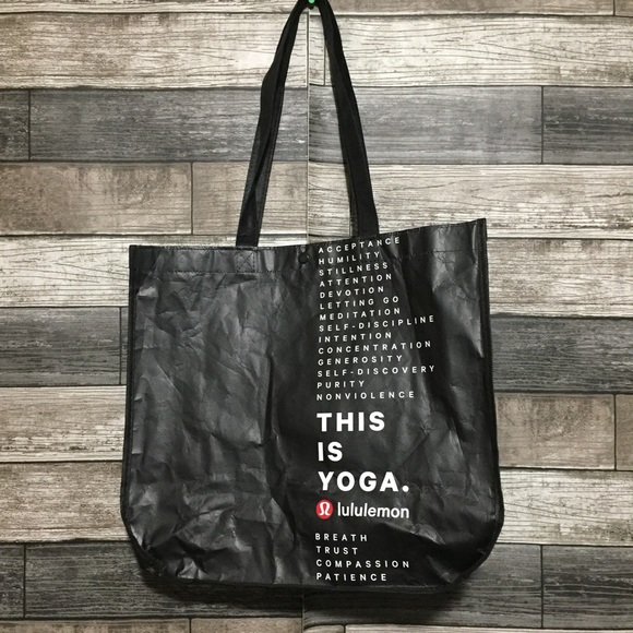 Lululemon Yoga Reusable Grocery Tote Bag Black White Graphic Print Snap Button - Picture 3 of 10